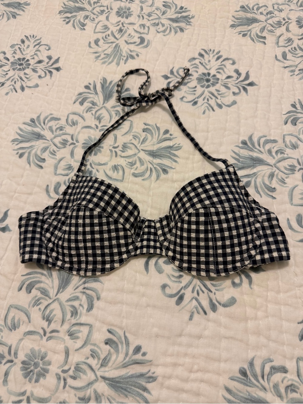 J Crew Blue & White Plaid Gingham Seersucker Bikini Swim Bathing Suit Top 34B